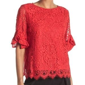 New Nanette Lepore Women's Elbow Ruffle Sleeves Scallop Trim Hem Lace Blouse Top
